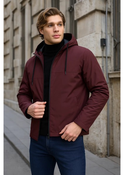 Erkek Astarlı Kapşonlu Bordo Rüzgarlık & Yağmurluk