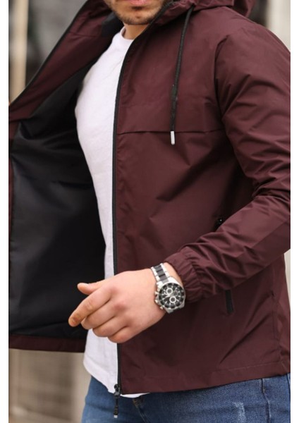 Erkek Astarlı Kapşonlu Bordo Rüzgarlık & Yağmurluk