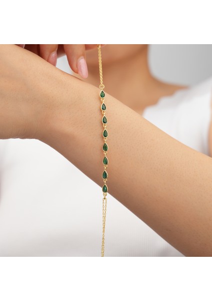 95 Ayar Sarı Altın Kaplama Damla Zümrüt Taşlı Su Yolu Gümüş Bileklik