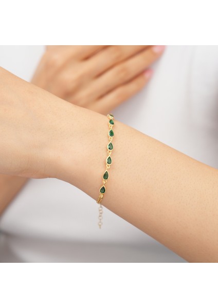 95 Ayar Sarı Altın Kaplama Damla Zümrüt Taşlı Su Yolu Gümüş Bileklik fiyatları