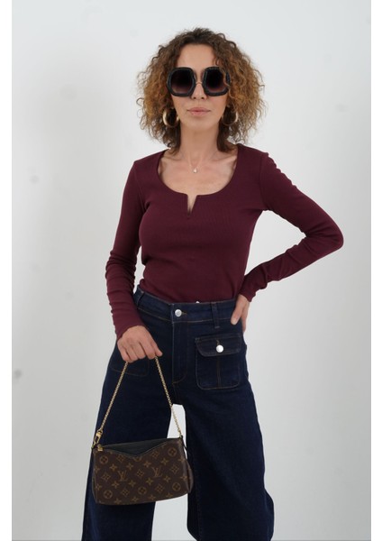 Mürdüm Uzun Kol Damla Yaka Bluz