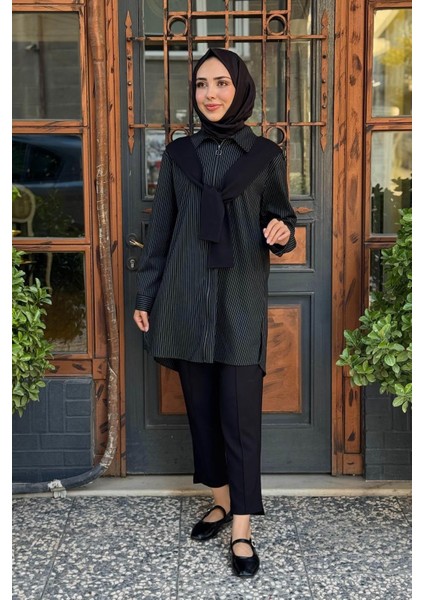 Omuz Bağlama Detaylı Çizgili Tunik 10002521211008 Siyah