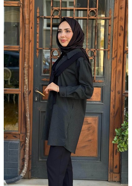 Omuz Bağlama Detaylı Çizgili Tunik 10002521211008 Siyah modelleri