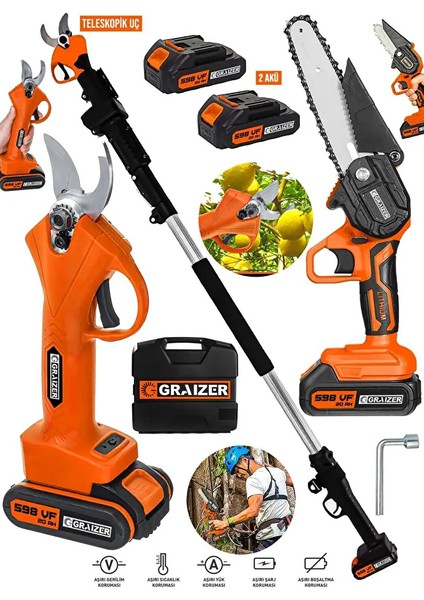 Alman 598 Vf 20 Ah 2 Li Set 2 Akülü Şarjlı Ağaç Dal Kesme Budama Makası Testere Teleskopik Hediyeli
