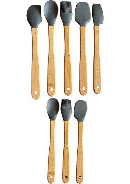 Gri 8'li Bambu Saplı Silikon Uçlu Spatula Fırçalı Kaşık Seti