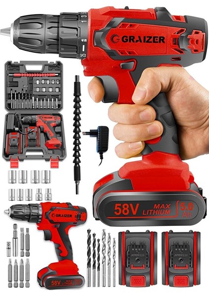 Alman 58 V 5 Ah Darbeli Metal Şanzuman Çift Vites Şarjlı Vidalama Matkap 24 Parça Set Sta