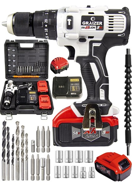 Alman 58 V 5 Ah 13 mm Çelik Mandren Darbeli Çift Akülü Vidalama Metal Şanzuman Şarjlı Matkap