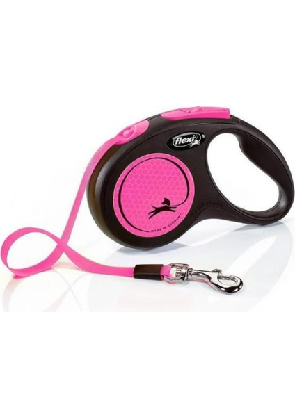 Flexi Neon Reflektörlü Şerit Otomatik Köpek Gezdirme Tasması Pembe Small 5 mt