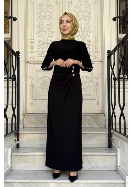 Metal Aksesuarlı Drapeli Krep Elbise 10002521311023 Siyah