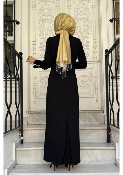 Metal Aksesuarlı Drapeli Krep Elbise 10002521311023 Siyah fırsatları