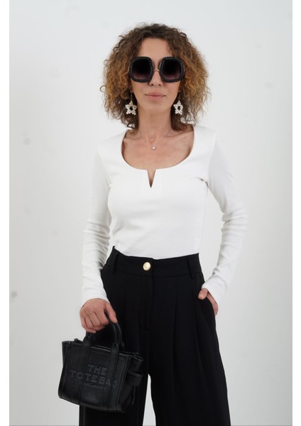 Ekru Uzun Kol Damla Yaka Bluz