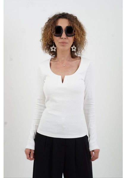 Ekru Uzun Kol Damla Yaka Bluz modelleri