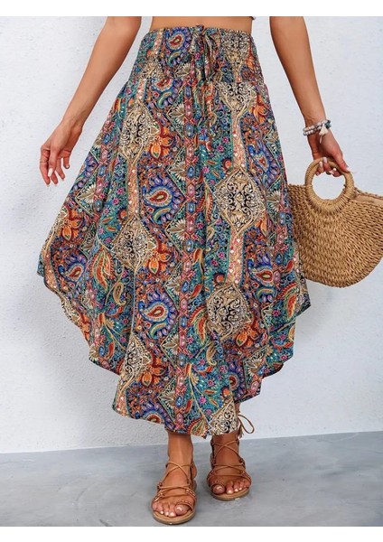 Eyesof Kadın Beli Lastikli Bağcıklı Asimetrik Kesim Detaylı Desenli Bürümcük Etek