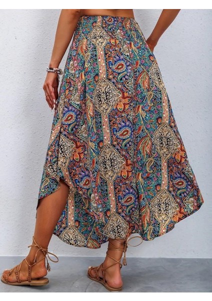 Eyesof Kadın Beli Lastikli Bağcıklı Asimetrik Kesim Detaylı Desenli Bürümcük Etek fiyatları