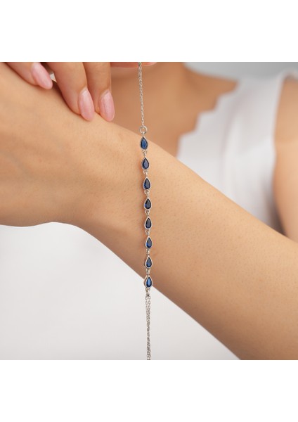 925 Ayar Rodyum Kaplama Damla Safir Taşlı Su Yolu Gümüş Bileklik