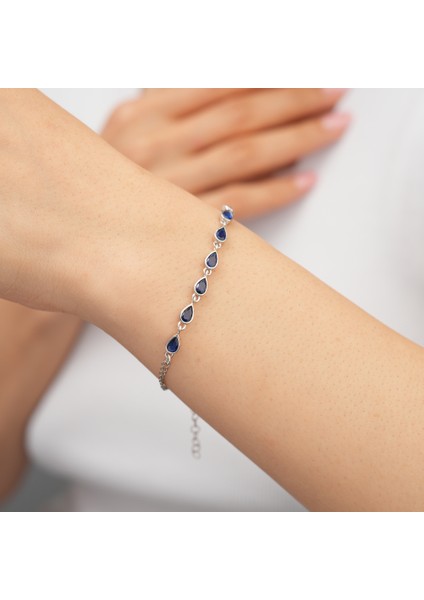 925 Ayar Rodyum Kaplama Damla Safir Taşlı Su Yolu Gümüş Bileklik fiyatları