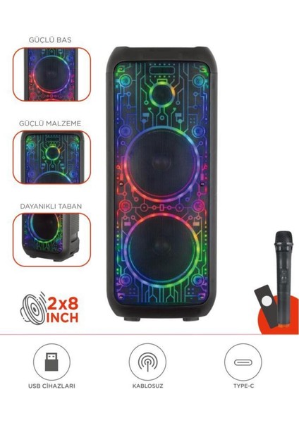 D64 Siyah Rgb Ledli Dahili Kablosuz Mikrofon Kumandalı Radyolu Bluetooth Hoparlör Speaker