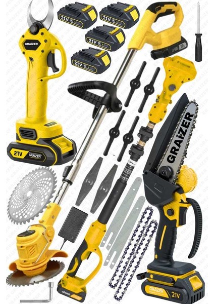 Alman 3 In 1 Set Akülü Çim Ot Biçme Şarjlı Ağaç Dal Kesme Budama Makası Testere Teleskop