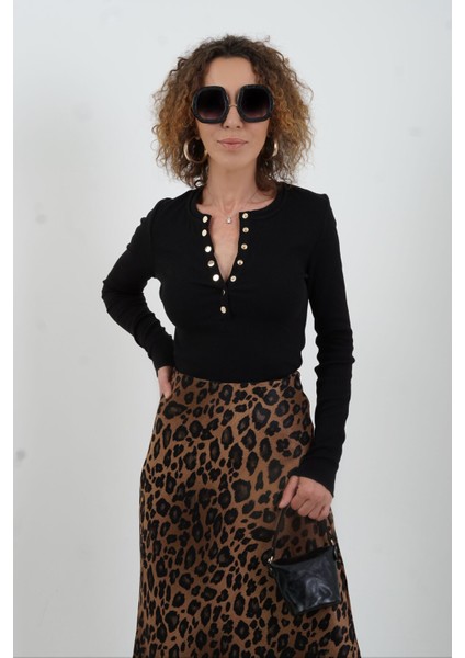 Siyah Gold Çıtçıtlı Uzun Kollu Bluz