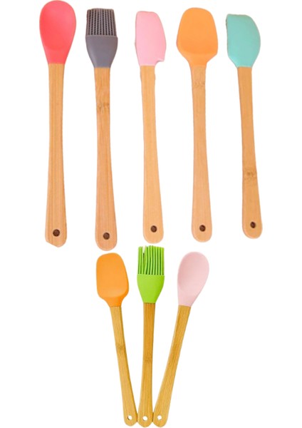 Renkli 8'li Bambu Saplı Silikon Uçlu Spatula Fırçalı Kaşık Seti