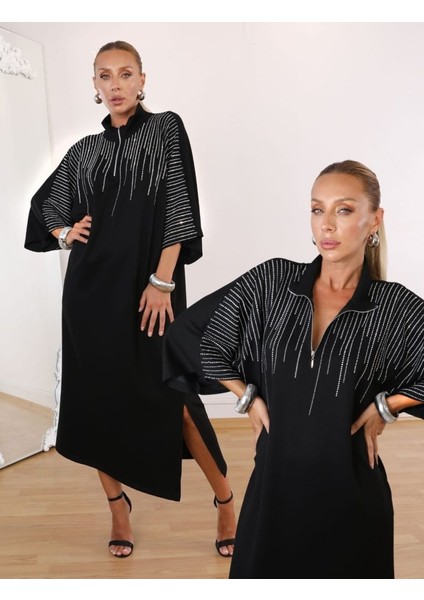 Kadın Hakim Yaka Fakir Kol Taş Detay Maxi Boy Salaş Elbise