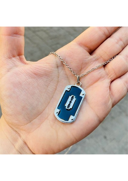 Siyah Jilet Detay Perçinli Kalın Künye Silver Kolye