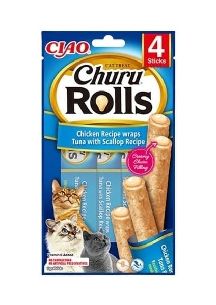 Inaba Ciao Churu Rolls Sticks Tavuk Sargılı Deniz Taraklı ve Ton Balıklı Kedi Ödül Maması 10 gr 4 Adet