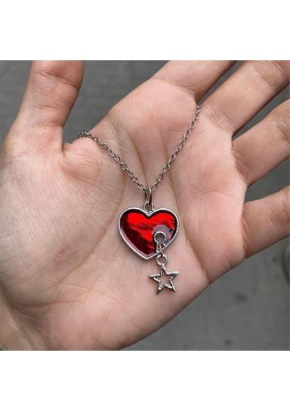 Kilit Detay Star Kırmızı Kalp Silver Kolye