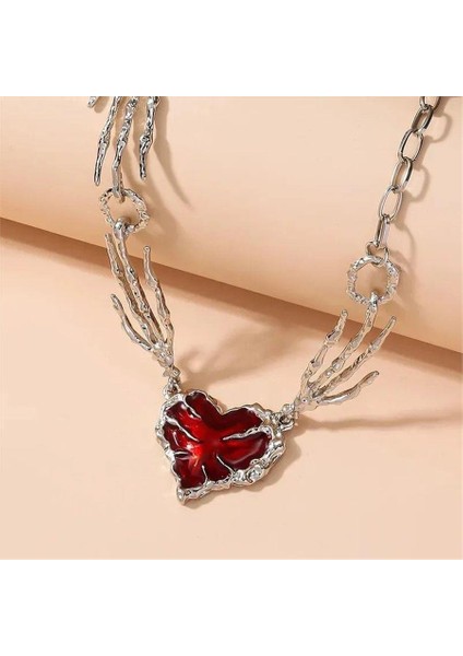 Kırmızı Reaper Heart Skeleton Hand Zincirli Kolye