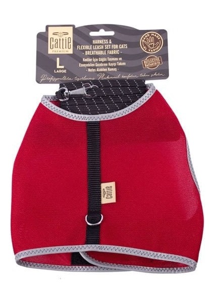Cattie Havalı Dokuma Kedi Göğüs ve Gezdirme Takımı Large Kırmızı 1.5X30-40 cm