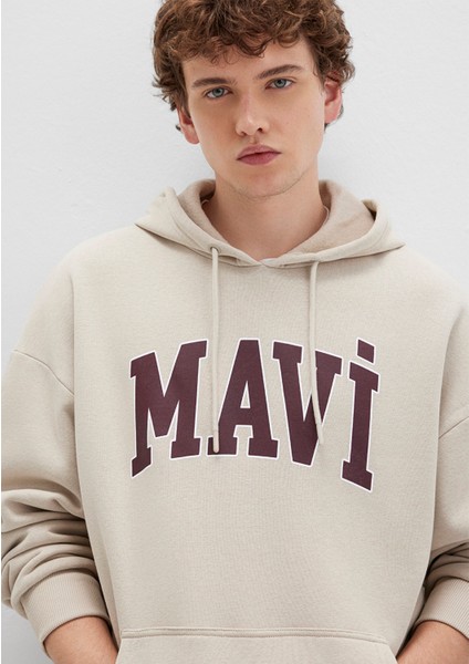 Mavi Logo Baskılı Kapüşonlu Bej Sweatshirt 067149-70004
