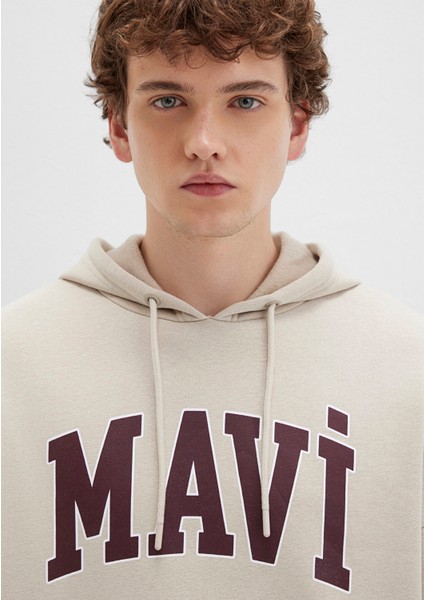 Mavi Logo Baskılı Kapüşonlu Bej Sweatshirt 067149-70004