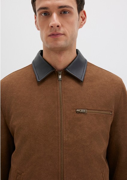 Yaka Detaylı Kahverengi Suni Süet Ceket 0110638-70378