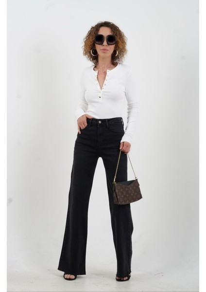 Füme Geniş Paça Denim Pantolon