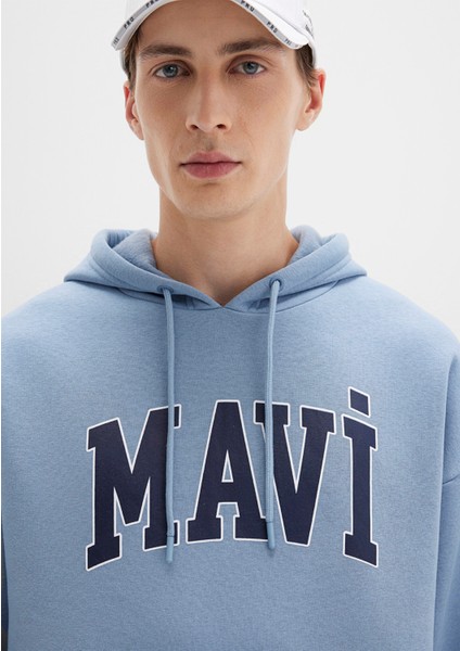 Mavi Logo Baskılı Mavi Kapüşonlu Sweatshirt 067149-86998