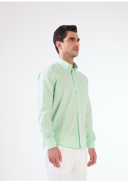 Yeşil Erkek Regular Fit Düz Brent Düğmeli Yaka Uzun Kol Gömlek - 102194