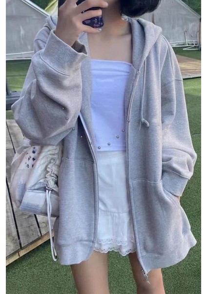 Düz Gri Melanj Fermuarlı Kalın Kumaş Kapüşonlu Unisex Hırka