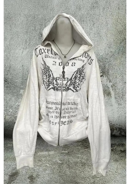 Gri Melanj Crown Wings Gotik Y2K Unisex Kapüşonlu Unsiex Hırka