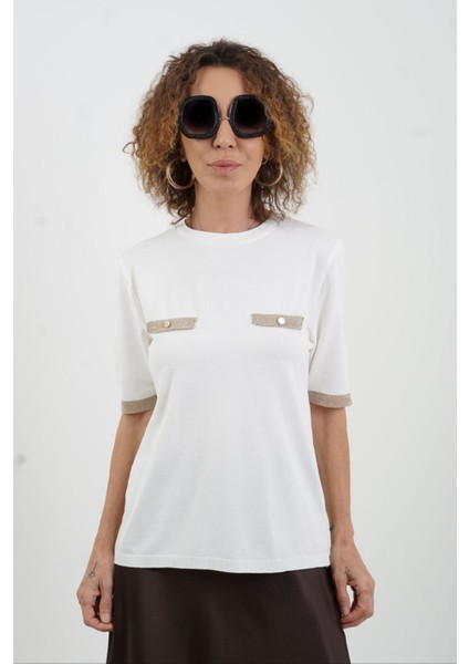 Ekru Simli Flato Cepli Kısa Kol Kazak modelleri