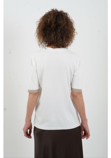 Ekru Simli Flato Cepli Kısa Kol Kazak indirimleri