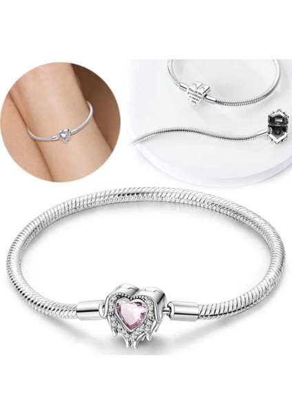 Kanatlı Kalp Pembe Taş Pandora Model Bileklik