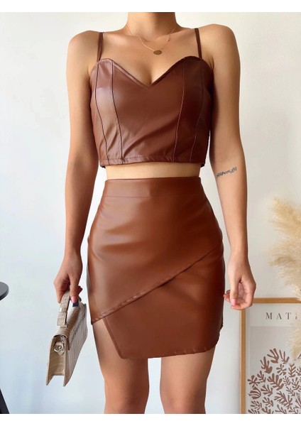 Kapaklı Asimetrik Model Deri Etek Kahve S240106