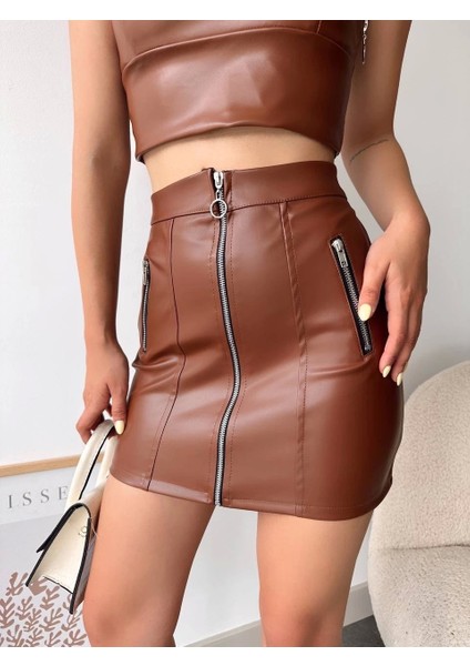 Üç Fermuarlı Deri Etek Kahve S24510 modelleri