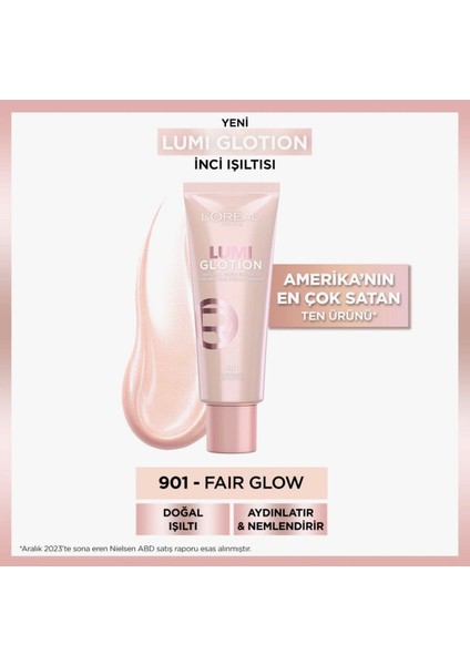 L'oreal Paris Glotion All-In-One Doğal Işıltı 901 - Fair Glow 40 ml Highlighter, Likit Aydınlatıcı
