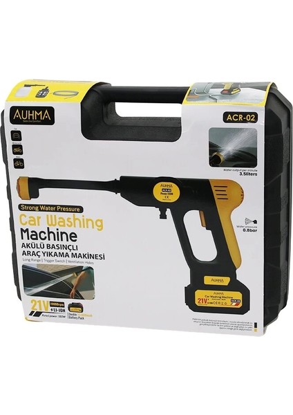 Oto - Araç Yıkama Makinesi Şarjlı - Yedek Bataryalı 180W - 19000 Rpm -13000 Mah - 21V -5mt Hortum- 0.8bar Acr-02 (4887)