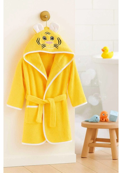 Kapşonlu Unisex %100 Pamuklu Çocuk Banyo Bornozu Tiger
