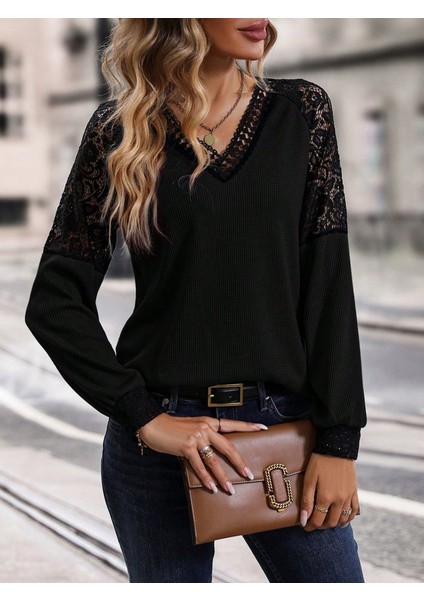 Kadın Uzun Kollu V Yakalı Dantelli Waffle Bluz