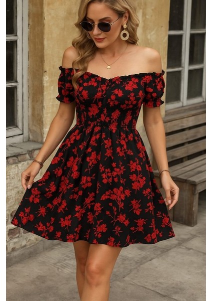 Eyesof Kadın Kısa Kollu Madonna Yaka Beli Lastikli Çiçek Desenli Kısa Süprem Elbise