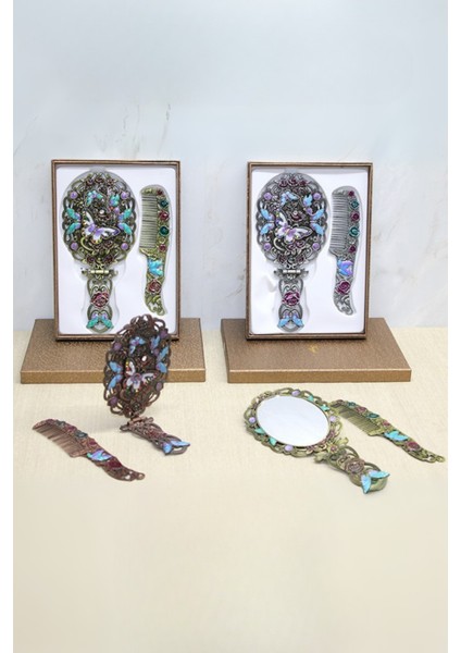 Büro Ev Ofis Hediyesi Için 20X10CM Katlanır Kelebek Metal Aynalı Tarak Seti modelleri