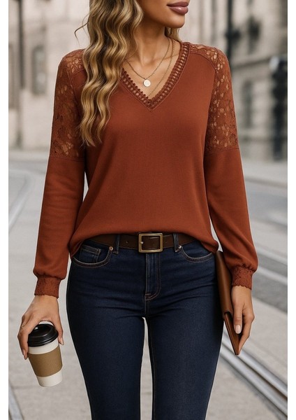 Kadın Uzun Kollu V Yakalı Dantelli Waffle Bluz fiyatları